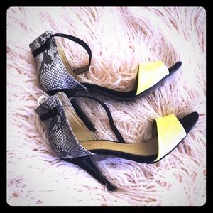 JustFab Neon Yellow and Snakeskin heels.